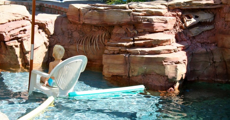 T-Rex rockscape in a pool, featuring a lifelike dinosaur amidst rugged rock formations, creating an adventurous and playful atmosphere.