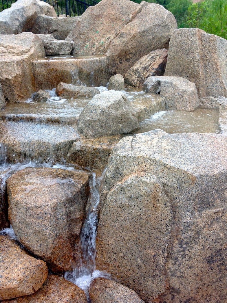 Close up view of a custom waterfall in Southern California